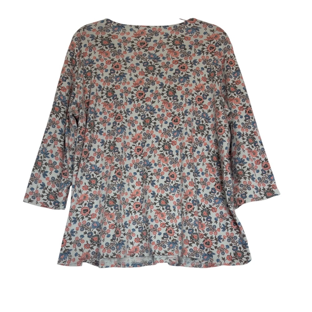 J. Jill Pima Cotton 3/4 Sleeve Scoop Neck Floral Tee Top Coral Blue 2XL - Picture 2 of 6